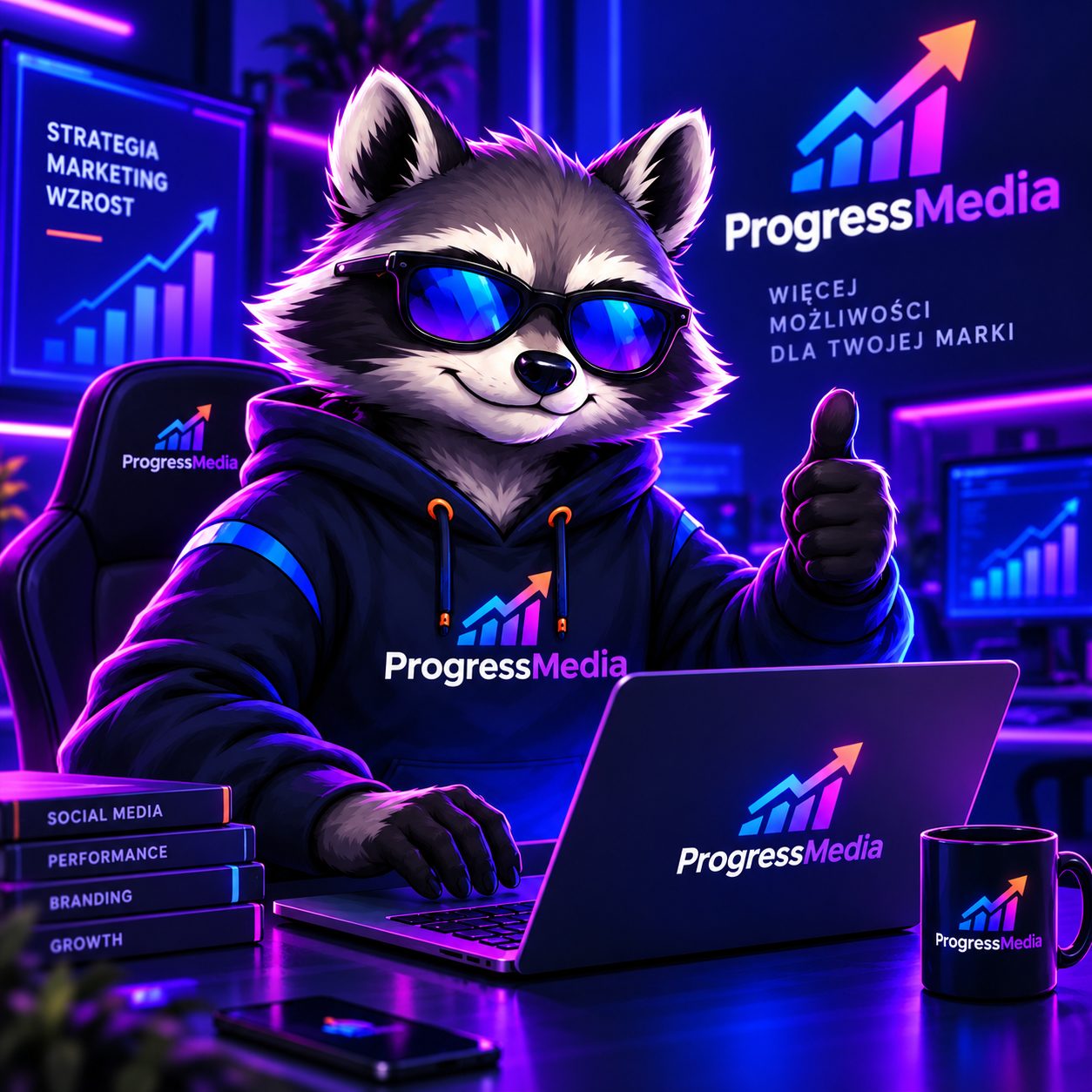 Maskotka ProgressMedia — szop pracz w bluzie z laptopem